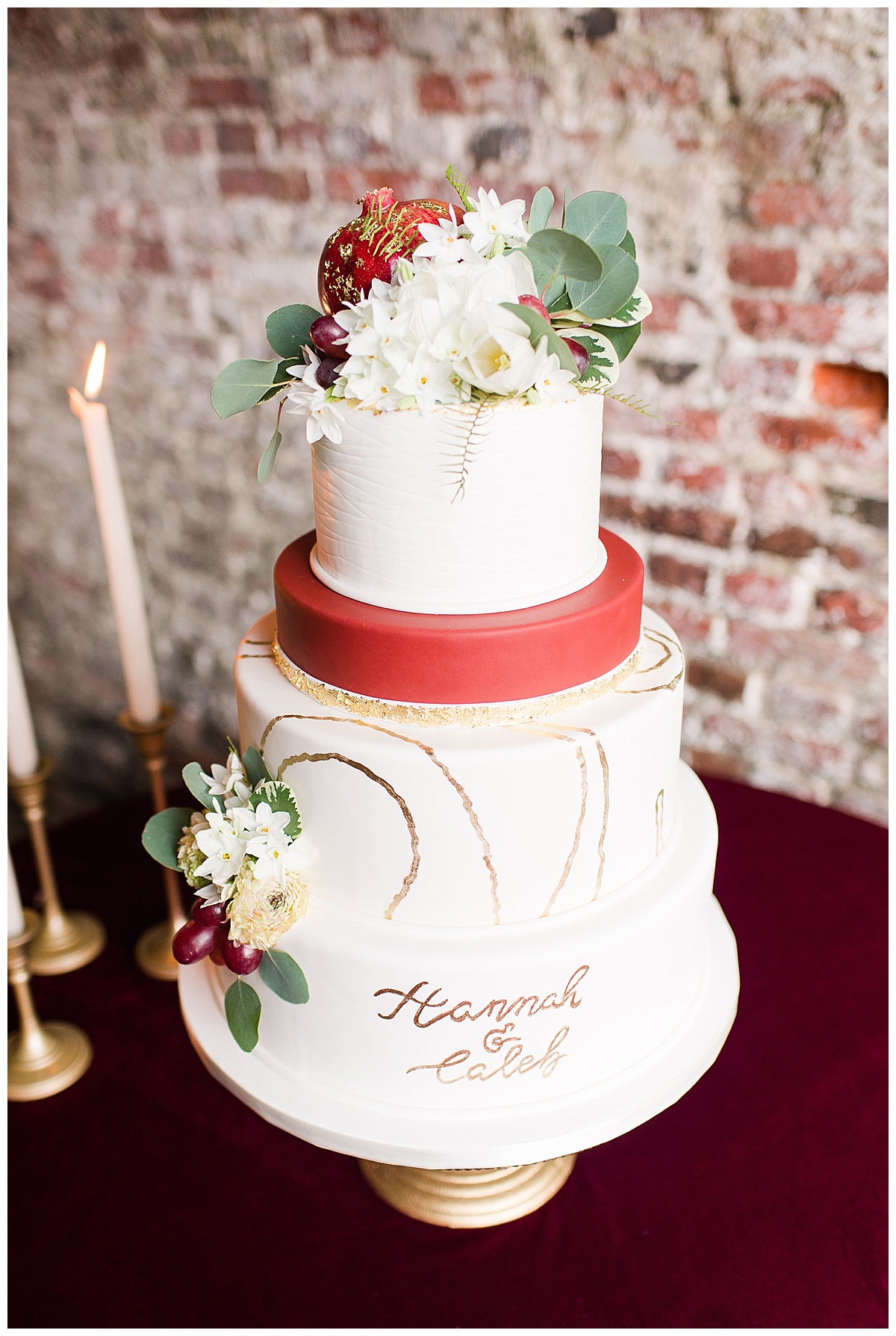 romantic white wedding cake, gold hand lettering