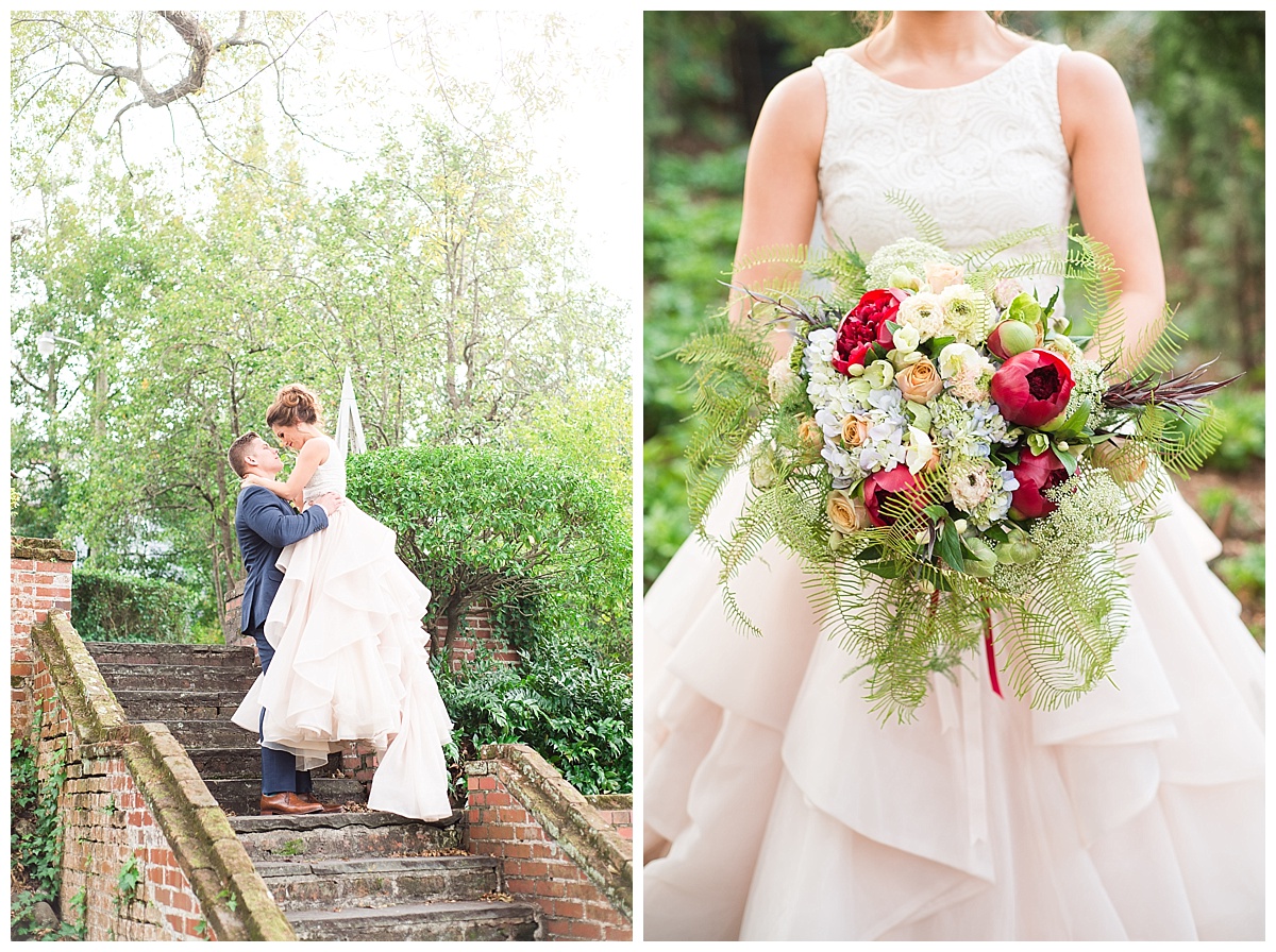 bride and groom in garden setting, fall floral bouquet