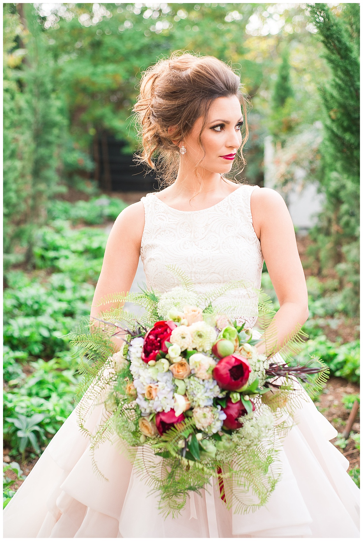 two piece bridal gown, bride in garden, fall florals