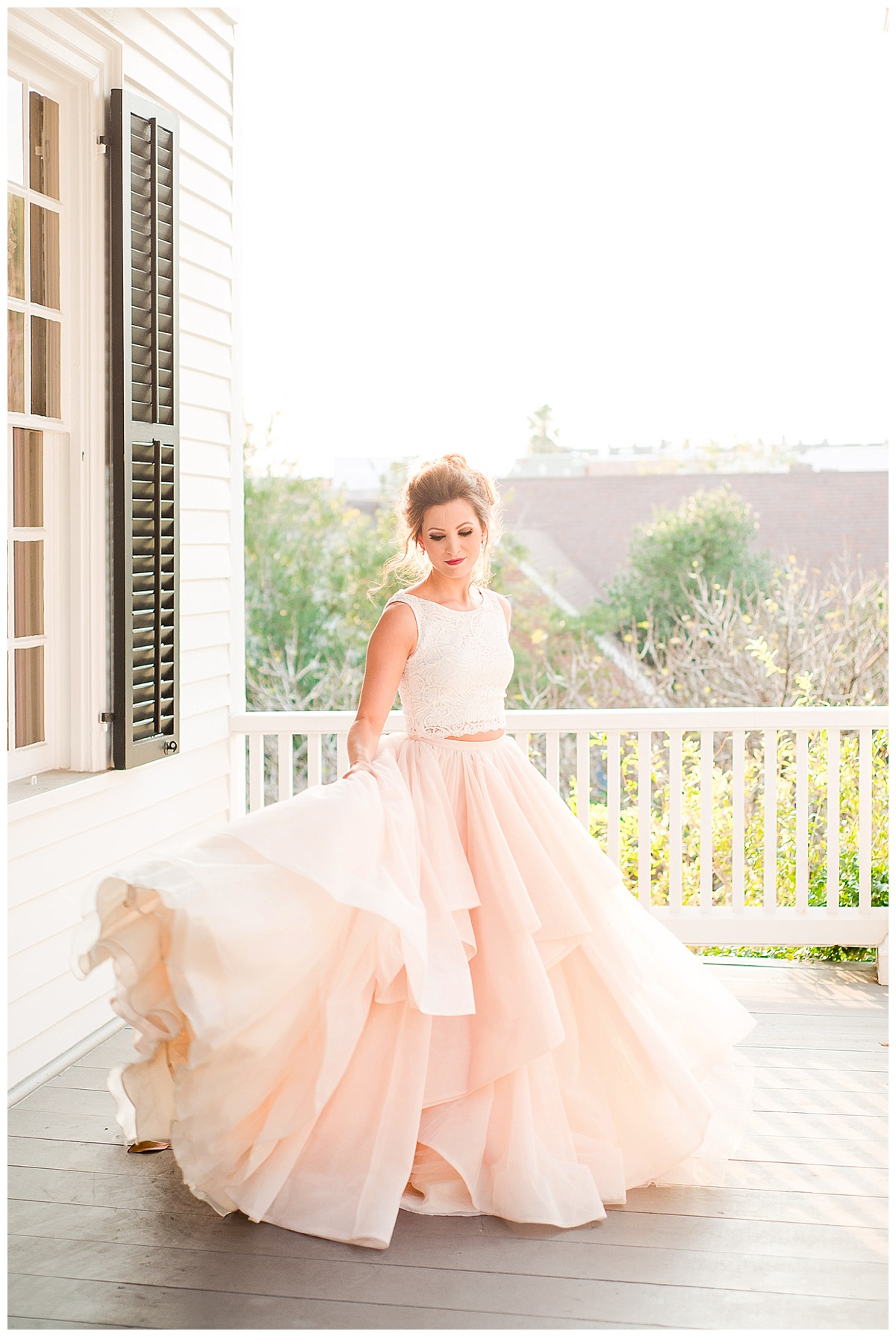 bride twirling, blush skirt